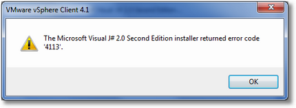 The Microsoft Visual J# 2.0 Second Edition installer returned the error code '4113'