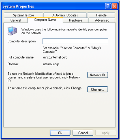 невозможно изменить домен в вашей программе Windows XP