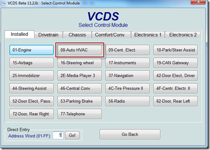 VCDS | Select Control Module | 08 Auto HVAC