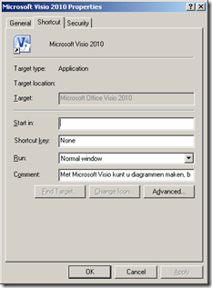 Microsoft Visio 2010 Properties | Shortcut Properties | Target Path