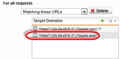 For all requests | Matching these URLs | Target Domains