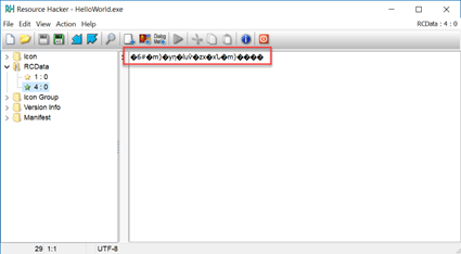 image Resource Hacker showing the encrypted PowerShell script