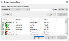 Screenshot of the Process Monitor Filter dialog showing Process Name is outlook.exe and Path contains license, eula or registration