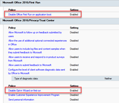 Screenshot of the Group Policies configured for Office, highlighting Disable Office First Run on application boot and Disable Opt in Wizard on first run